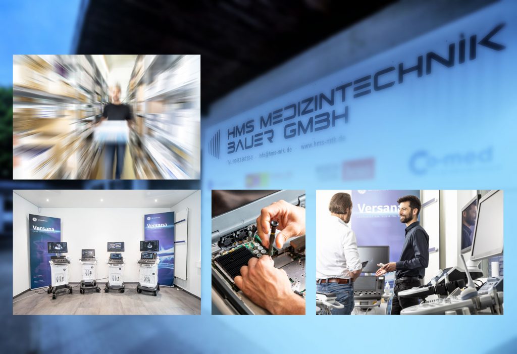 Gebäudeansicht der HMS Medizintechnik und weitere Detailbilder als Beispielbild für die Firmengeschichte der Firma