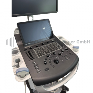Gebrauchtes Ultraschallgerät GE Versana Balance mit Tastatur, Bildschirm und Sonde.