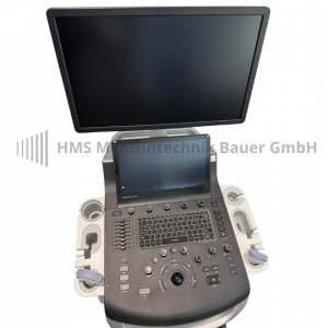 Gebrauchtes Ultraschallgerät GE Versana Balance mit Tastatur, Bildschirm und Sonde.